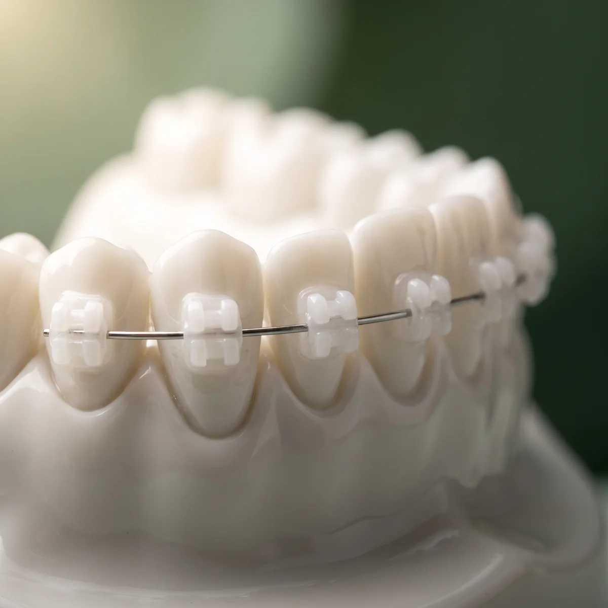 Keramik-Brackets mit feinem Bogen auf Porzellanzähnen, illustratives Motiv